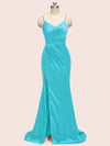 Fancy Spaghetti Straps Mermaid Long Soft Satin Girls Party Prom Dresses Online With Slit