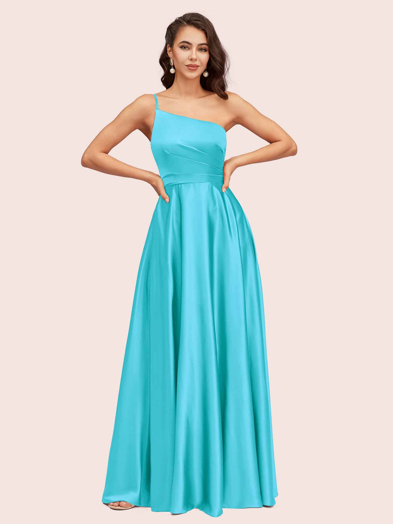 Fancy One Shoulder A-Line Long Soft Satin Party Prom Dresses 2023