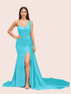 Sexy Mermaid One Shoulder Long Soft Satin Side Slit Bridesmaid Dresses For Sale