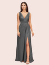 Sexy V-neck Long Side Slit Soft Satin Bridesmaid Dresses Online