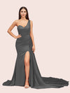 Sexy Mermaid One Shoulder Long Soft Satin Side Slit Bridesmaid Dresses