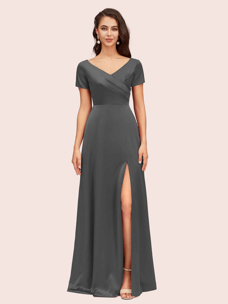 Elegant V-Neck Short Sleeves Long Soft Satin Party Prom Dresses With Slit Elegant V-Neck Short Sleeves Long Soft Satin Party Prom Dresses With Slit