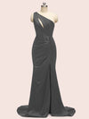 Sexy Mermaid One Shoulder Long Soft Satin Formal Prom Dresses With Slit