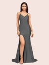 Simple Mermaid Spaghetti Straps Side Slit Long Soft Satin Formal Prom Dresses 2023