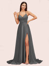 Elegant A-line Spaghetti Straps Long Soft Satin Bridesmaid Dresses With Slit For Sale