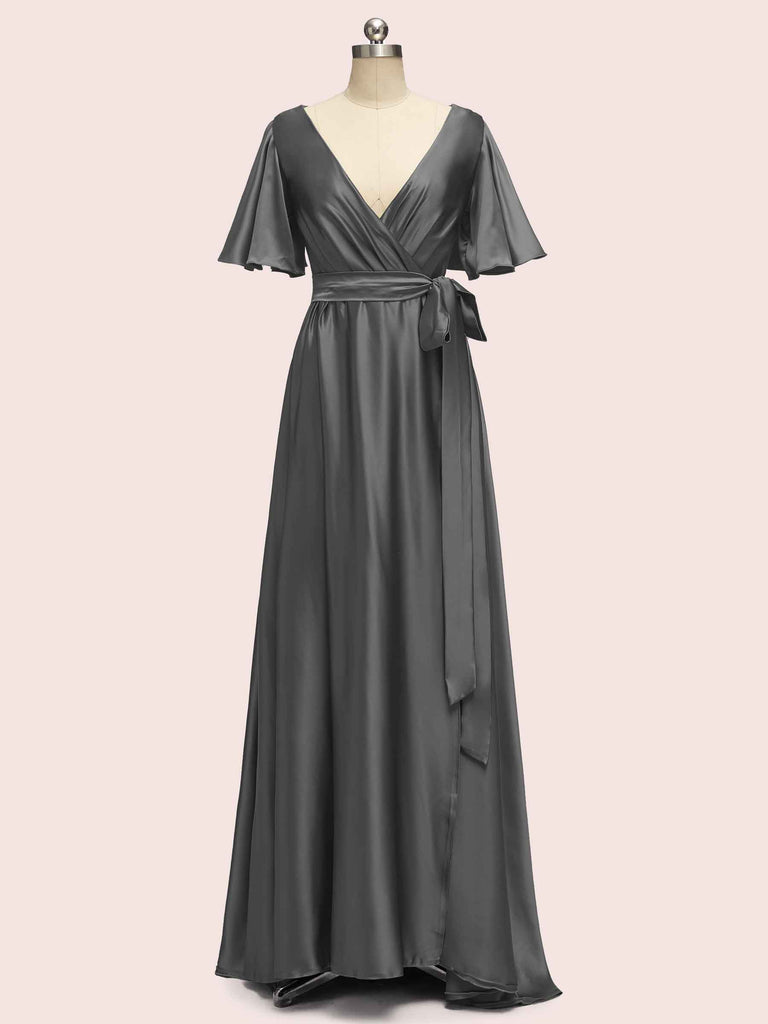 Elegant V-Neck A-Line Long Soft Satin Short Sleeve Bridesmaid Dresses Elegant V-Neck A-Line Long Soft Satin Short Sleeve Bridesmaid Dresses