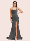 Sexy Backless Mermaid Spaghetti Straps Cowl Long Satin Formal Prom Dresses With Slit