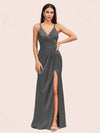 Sexy Spaghetti Straps V-neck Long Silky Soft Satin Formal Prom Dresses With Slit