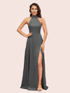 Elegant Halter Open Back Long Side Split Long Soft Satin Formal Prom Dresses