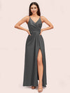 Modern Spaghetti Straps V-neck Side Slit Long Satin Bridesmaid Dresses With Slit