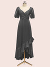 Beautiful Short Sleeves V-Neck Soft Satin Cheap Short Bridesmaid Dresses