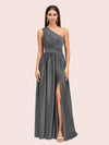 Sexy A-Line One Shoulder Long Side Slit Soft Satin Bridesmaid Dresses