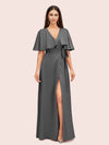 Elegant Bat Sleeves V-neck Side Slit Long Soft Satin Bridesmaid Dresses