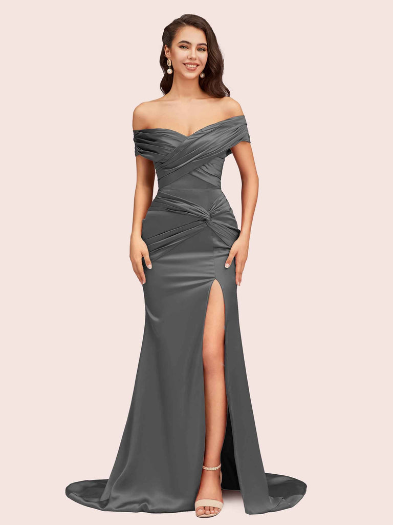 Cetims Elegant Off Shoulder Soft Satin Mermaid Bridesmaid Dress Ideal for Wedding Guests Maid of Honor and Formal Events Stormy