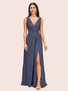 Sexy V-neck Long Side Slit Silk Satin Evening Prom Dresses Online