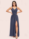 Modern Spaghetti Straps V-neck Side Slit Long Satin Party Prom Dresses With Slit