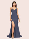 Simple Mermaid Spaghetti Straps Side Slit Long Soft Satin Formal Prom Dresses 2023