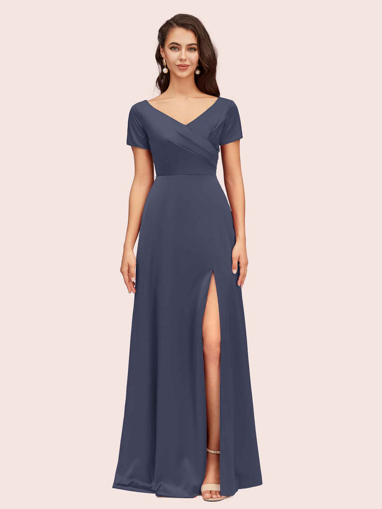 Elegant V-Neck Short Sleeves Long Soft Satin Bridesmaid Dresses With Slit Elegant V-Neck Short Sleeves Long Soft Satin Bridesmaid Dresses With Slit