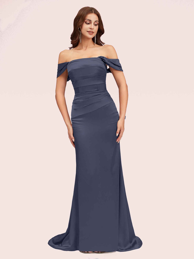 Cetims Sexy Mermaid Off Shoulder Long Silky Satin Bridesmaid Dresses Stormy