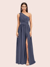 Sexy A-Line One Shoulder Long Side Slit Soft Satin Bridesmaid Dresses