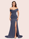 Sexy Side Slit Mermaid Off Shoulder Long Soft Satin Bridesmaid Dresses Online