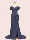 Elegant Off Shoulder Mermaid Long Soft Satin Party Prom Dresses For Women