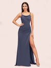 Sexy Spaghetti Straps Mermaid Long Soft Satin Graduation Prom Dresses With Slit