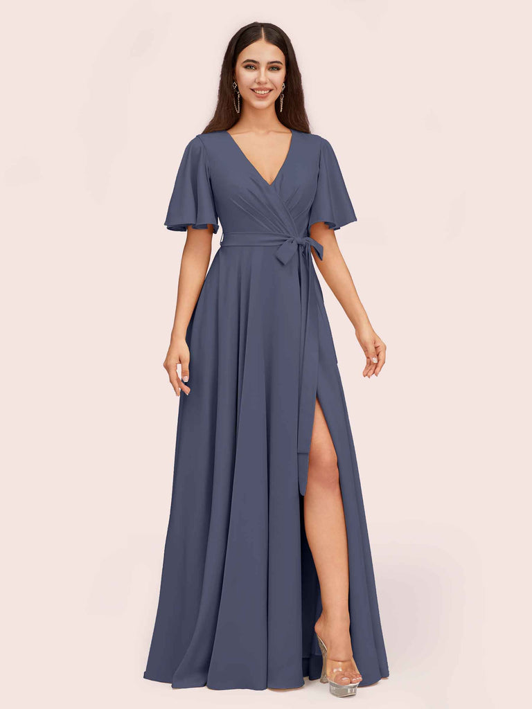 Cetims Elegant A line V neck Short Sleeves Floor Length Soft Satin Bridesmaid Dresses Stormy