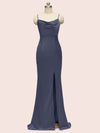 Sexy Cowl Neck Spaghetti Straps Mermaid Long Soft Satin Bridesmaid Dresses With Slit