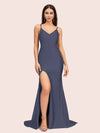 Sexy Mermaid Spaghetti Straps Side Slit Long Soft Satin Bridesmaid Dresses