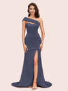 Sexy Mermaid One Shoulder Long Soft Satin Evening Prom Dresses With Slit