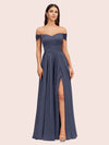 Sexy Off Shoulder Side Slit A-Line Long Soft Satin Bridesmaid Dresses Online