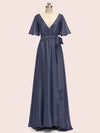 Elegant V-Neck A-Line Long Soft Satin Short Sleeve Bridesmaid Dresses