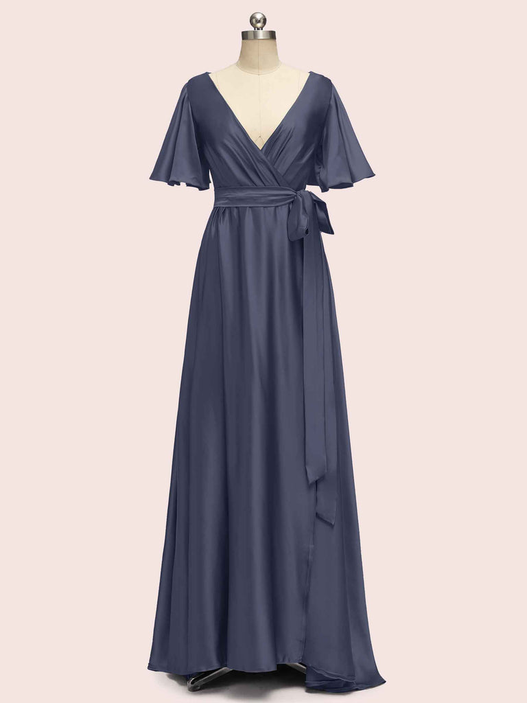 Elegant V-Neck A-Line Long Soft Satin Short Sleeve Bridesmaid Dresses Elegant V-Neck A-Line Long Soft Satin Short Sleeve Bridesmaid Dresses