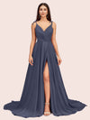 Elegant Spaghetti Straps V-neck Long Soft Satin Side Slit Bridesmaid Dresses For Sale