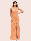 Sexy Spaghetti Straps V-neck Long Silky Soft Satin Formal Prom Dresses With Slit