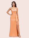 Sexy Spaghetti Straps V-neck Long Mermaid Satin Graduation Prom Dresses With Slit