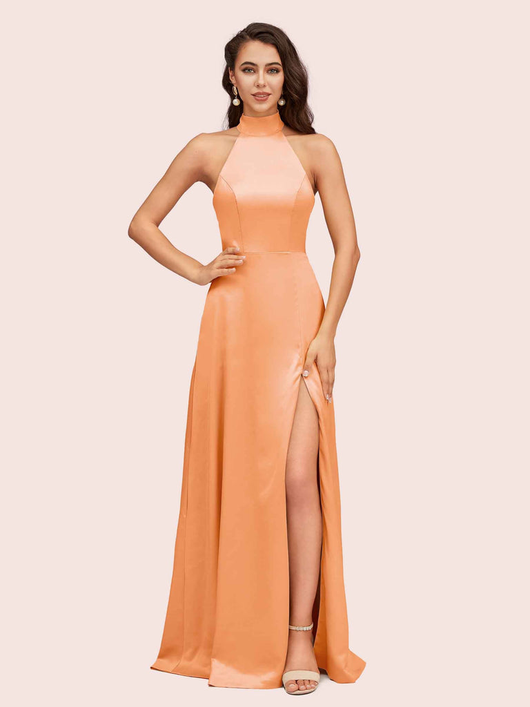 Elegant Halter Open Back Long Side Split Long Soft Satin Formal Prom Dresses Elegant Halter Open Back Long Side Split Long Soft Satin Formal Prom Dresses