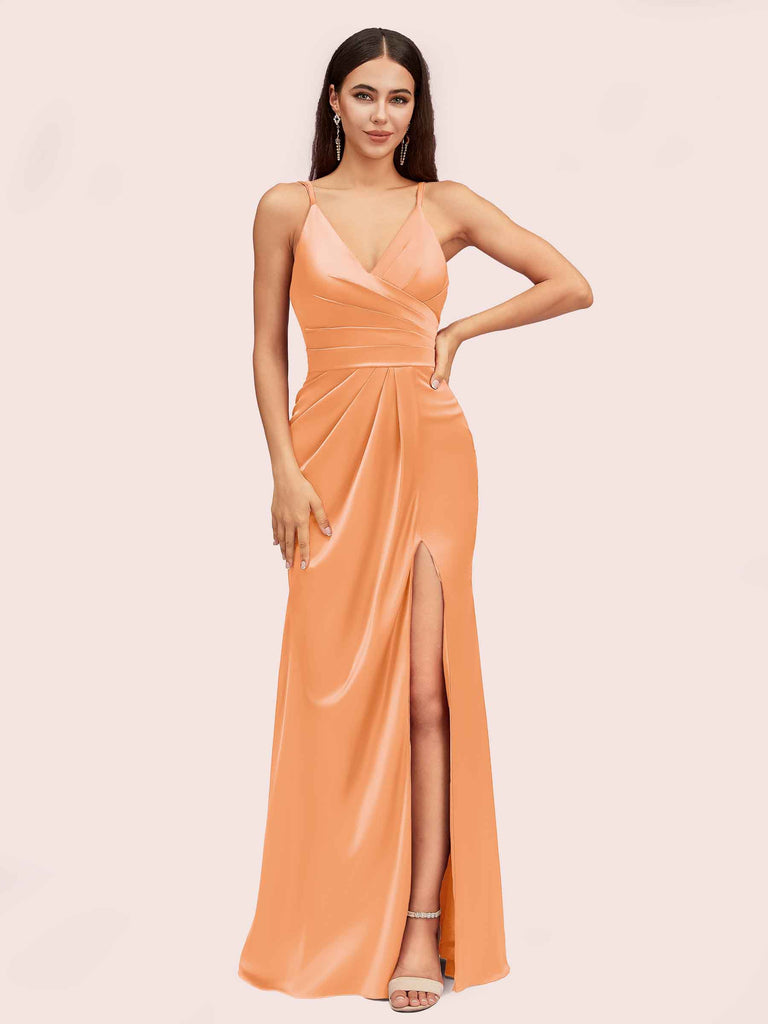 Sexy Spaghetti Straps V-neck Long Silky Soft Satin Bridesmaid Dresses With Slit