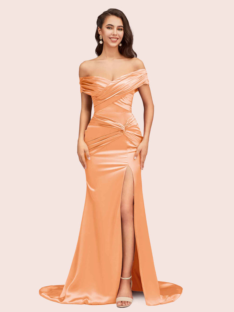 Off Shoulder Gown with Detachable Sleeves M039 | M | Salmon | Littolo House