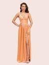 Sexy V Neck Long Soft Satin Side Slit Graduation Prom Dresses Online