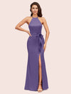 Sexy Mermaid Halter Long Silky Satin Party Prom Dresses With Slit