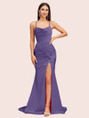 Sexy Backless Mermaid Spaghetti Straps Cowl Long Satin Formal Prom Dresses With Slit