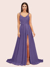 Elegant A-line Spaghetti Straps Long Silky Satin Evening Prom Dresses With Slit