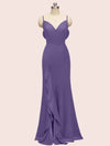 Sexy Mermaid Spaghetti Strap V-neck Long Soft Satin Prom Dresses With Slit