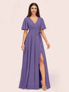 Elegant A-line V-neck Short Sleeves Long Bridesmaid Dresses With Slit