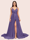 Elegant Spaghetti Straps A-line V-neck Long Soft Satin Side Slit Formal Prom Dresses