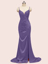 Sexy Spaghetti Straps V-neck Mermaid Long Satin Graduation Prom Dresses With Slit