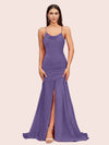 Sexy Backless Mermaid Spaghetti Straps Long Soft Satin Bridesmaid Dresses With Slit