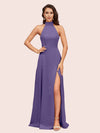 Elegant Halter Open Back Long Side Split Long Soft Satin Formal Prom Dresses